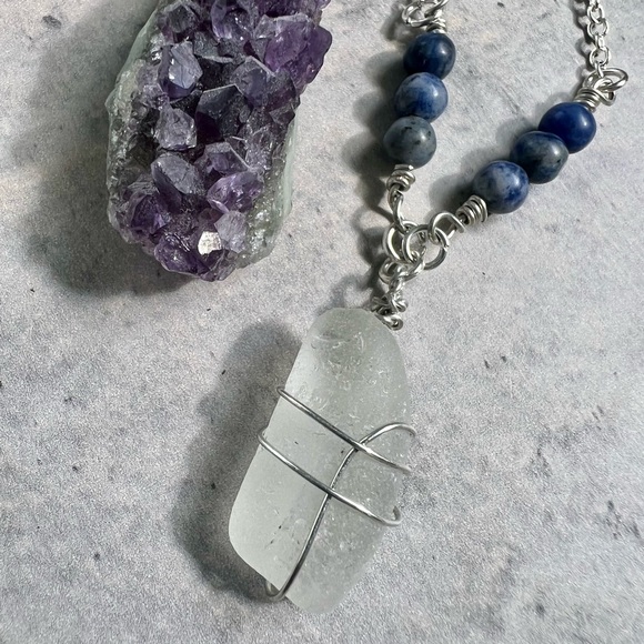 Seaglass + Sodalite Crystal Chain Handmade Necklace - Picture 5 of 7